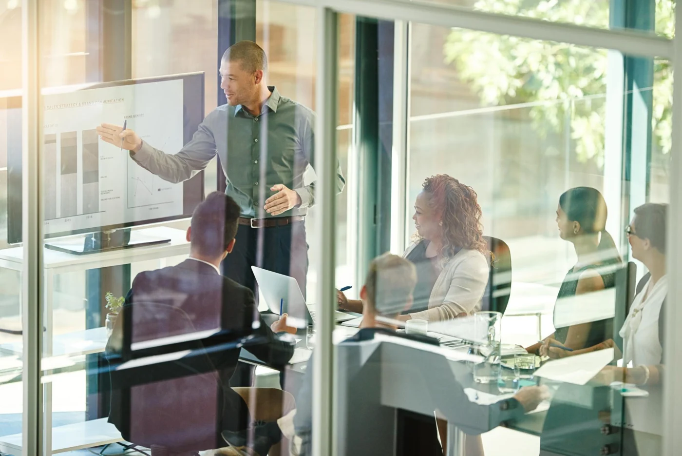 A business team in a boardroom presentation