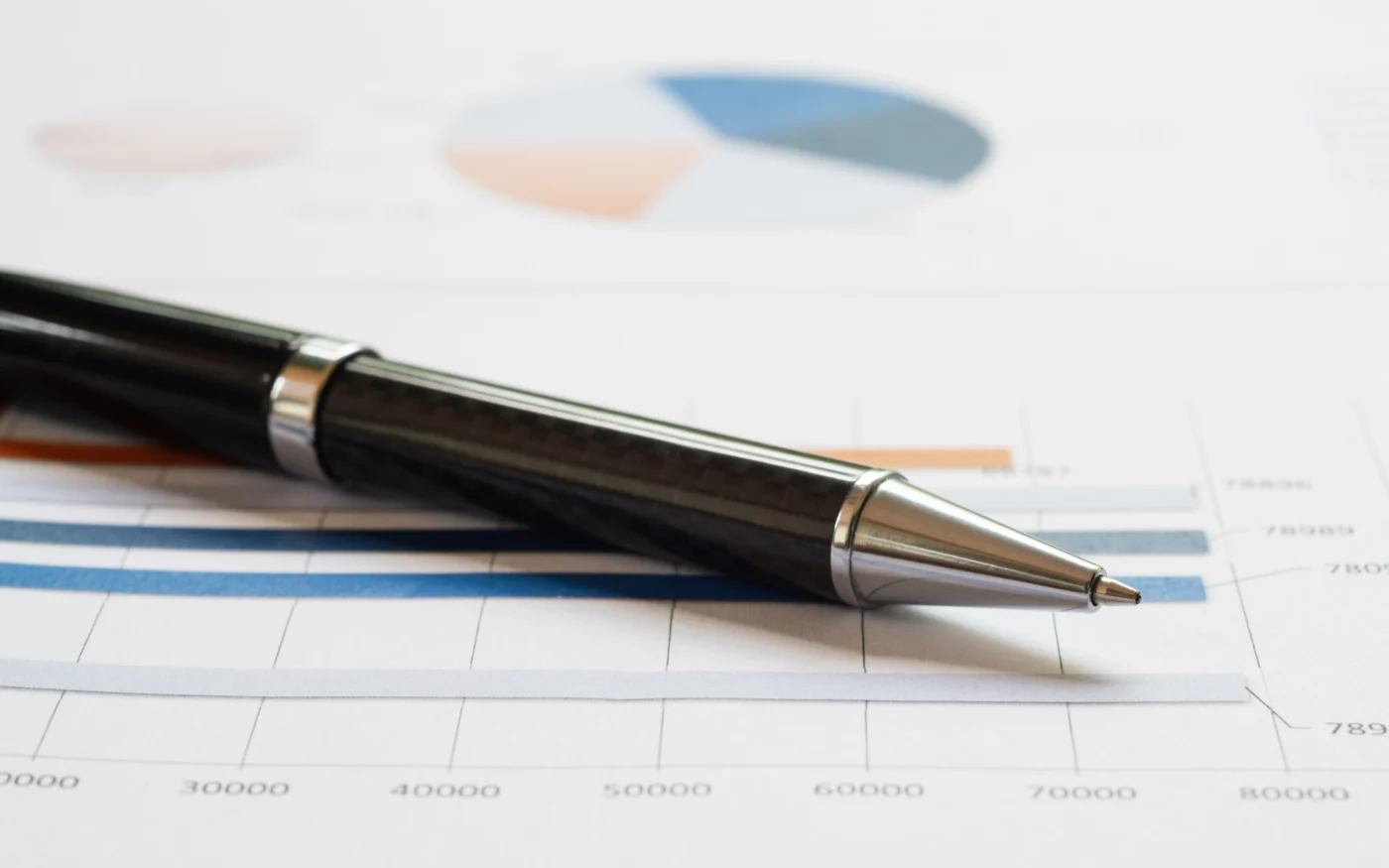 Close-up of a printed profit and loss report with a pen resting on it