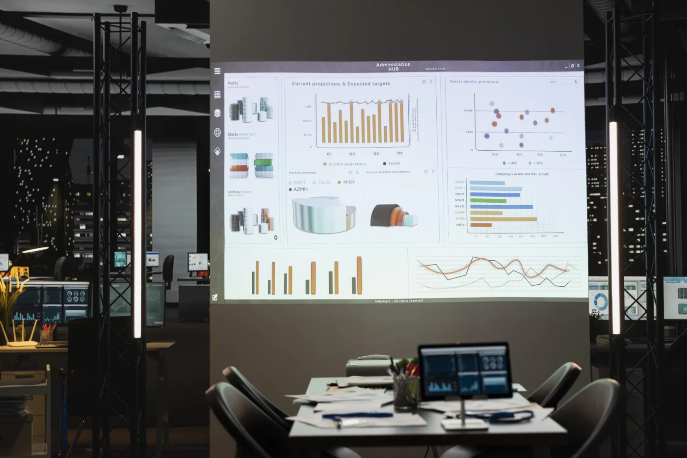 Financial forecast charts on a screen during a business planning meeting