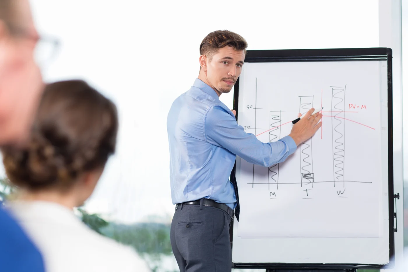 Explaining figures at a whiteboard during a business meeting