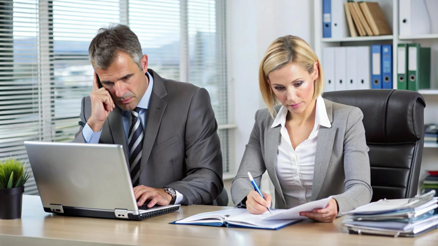 An accountant and business owner reviewing records together