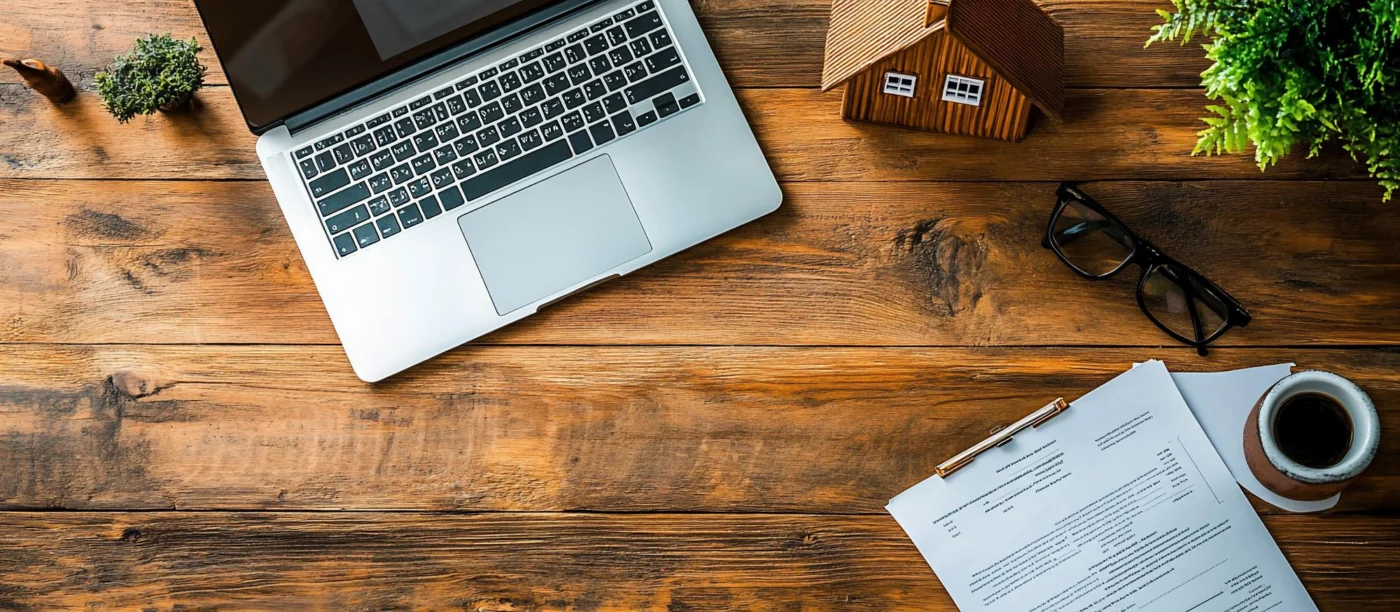 A landlord reviewing property paperwork at a desk