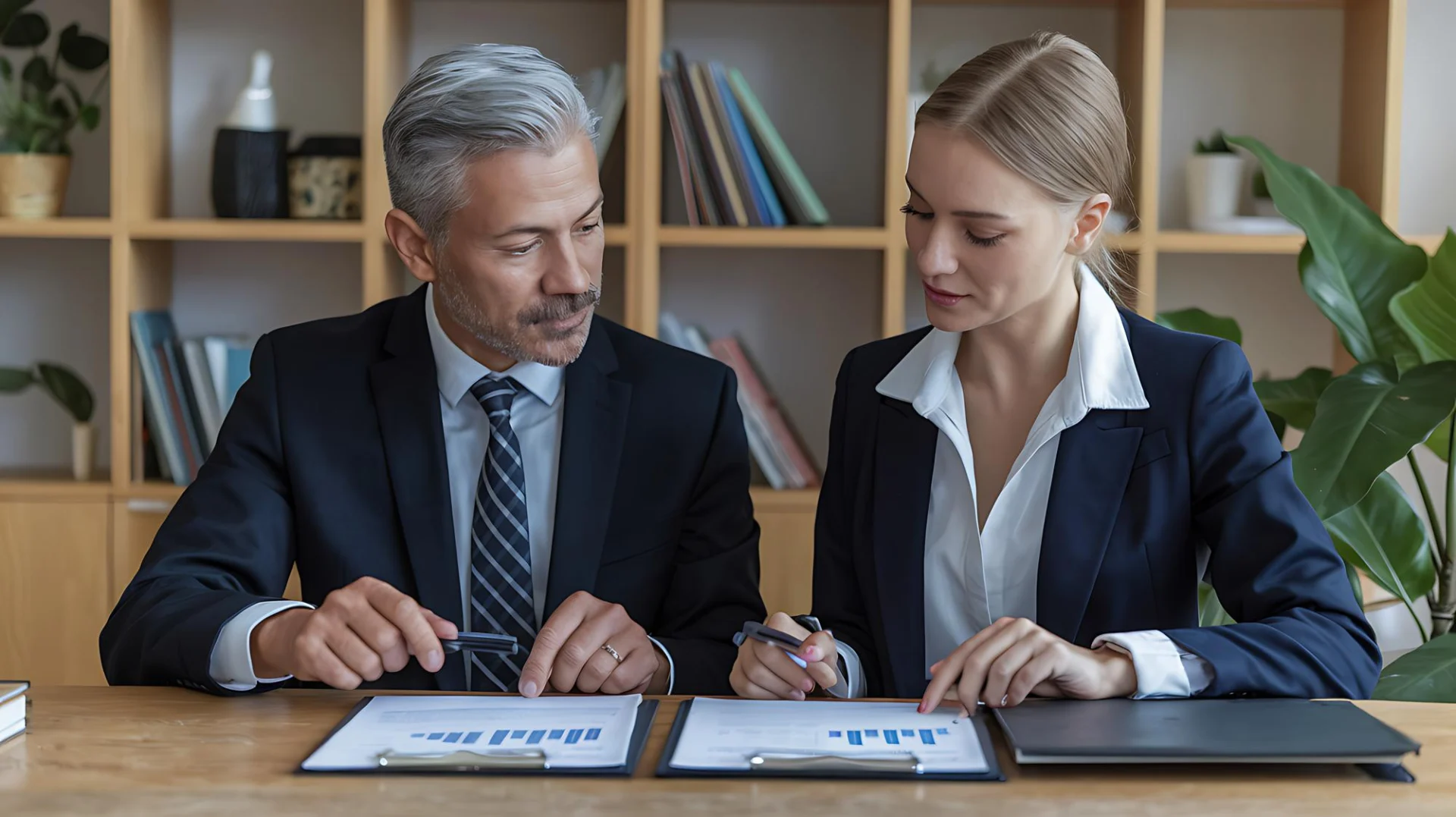 A director and accountant working through year-end company figures at a desk
