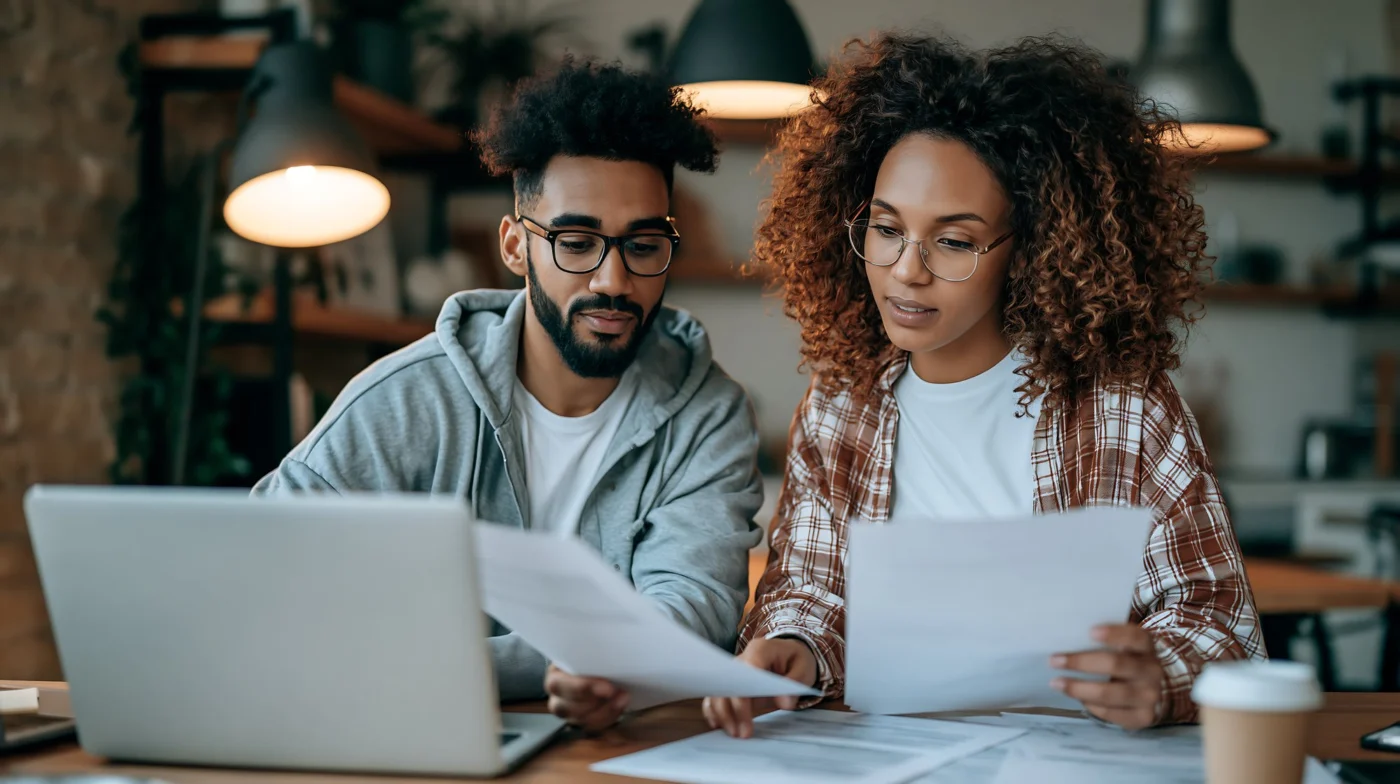A couple review household paperwork together at a laptop