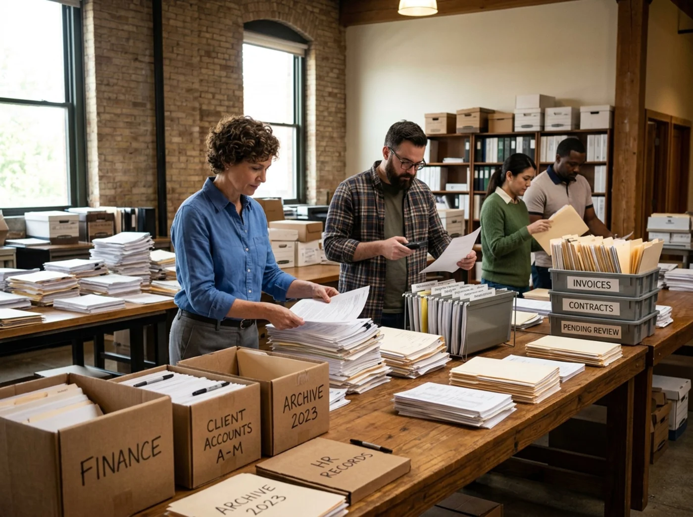 Colleagues sort through boxes of company records in a bright archive room