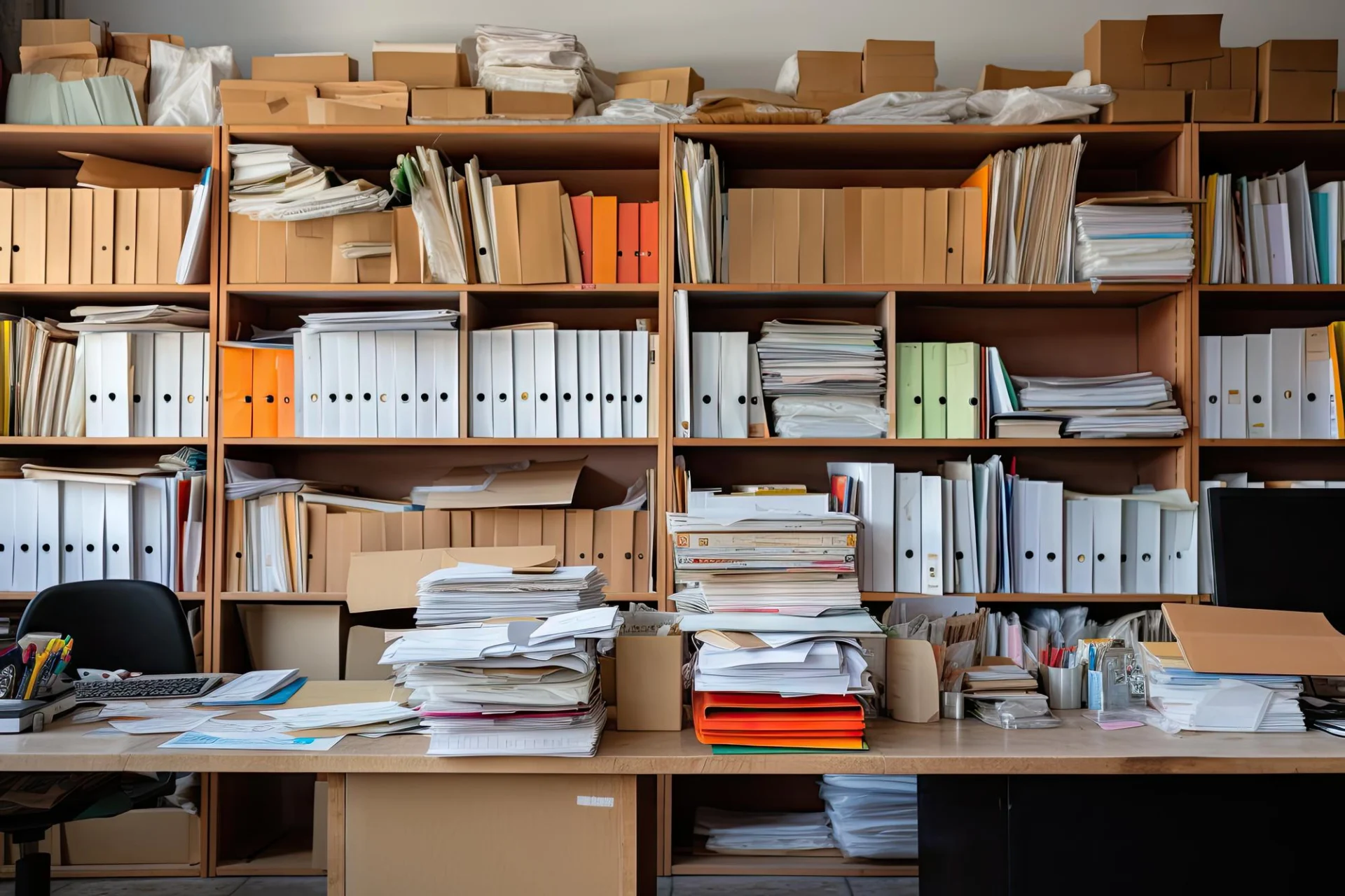 Business files and folders stored on shelves in a tidy office