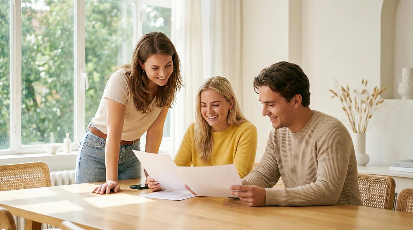 A colleague shows property paperwork to a couple at a table